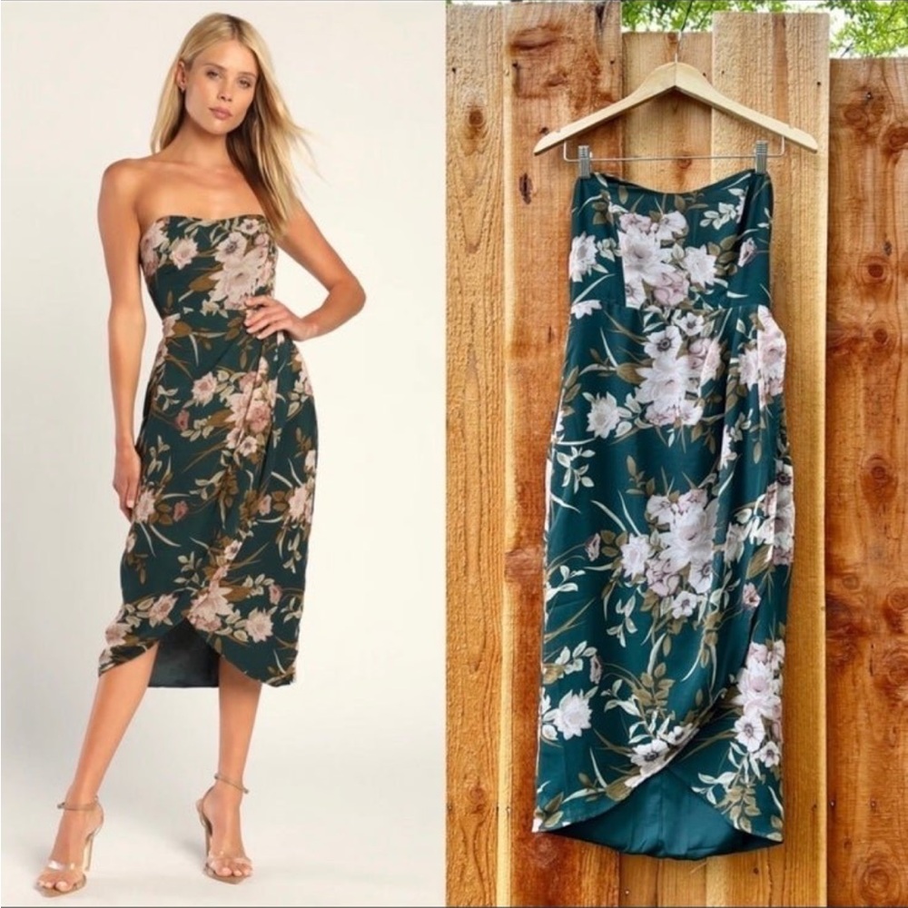 🌿 Green and Blush Floral Strapless Sweetheart Tulip Midi Dress 🌿